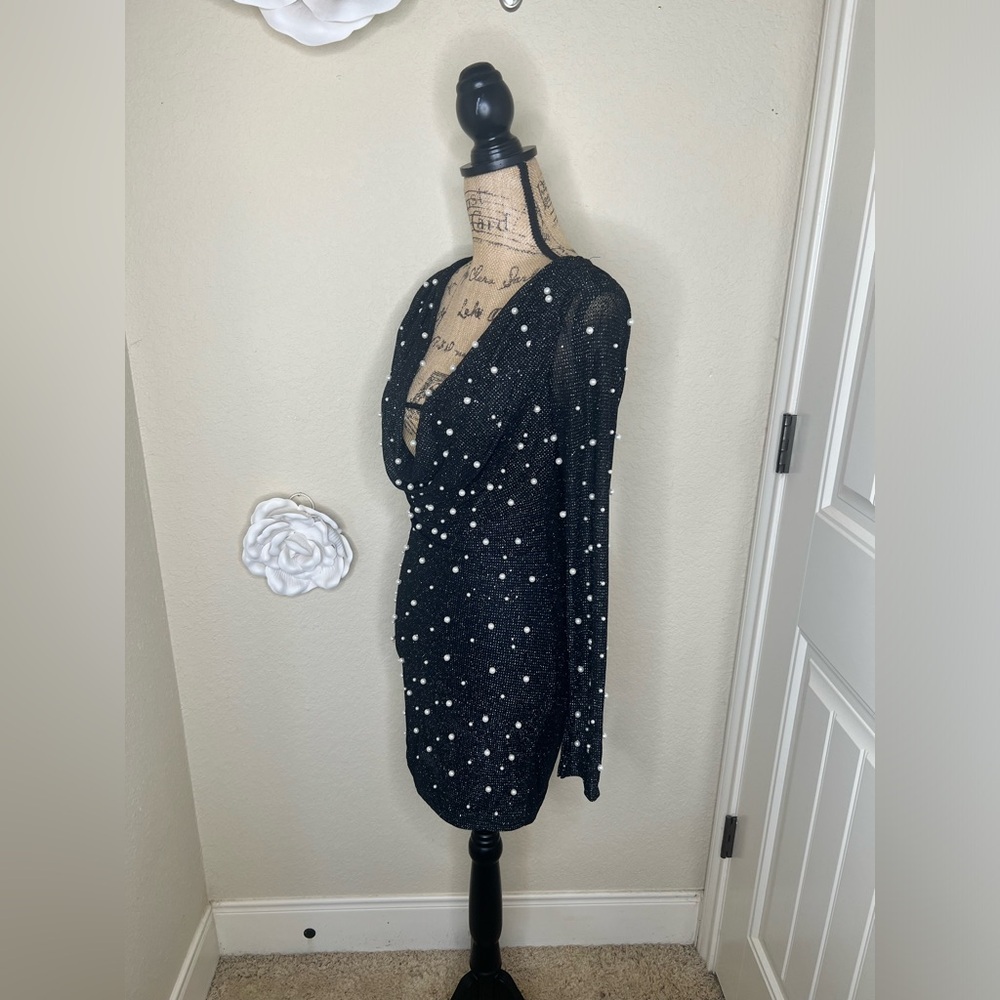 NTM: SHEIN Pearl Embellished Black Bodycon Mini Dress Long Sleeve Size Small - Picture 8 of 16